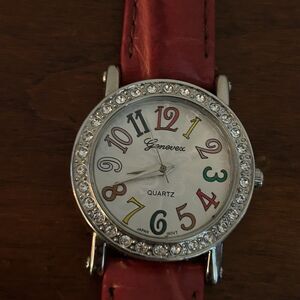 Genevex Watch Women 30mm Pave Silver Tone Red Leather Band New Battery